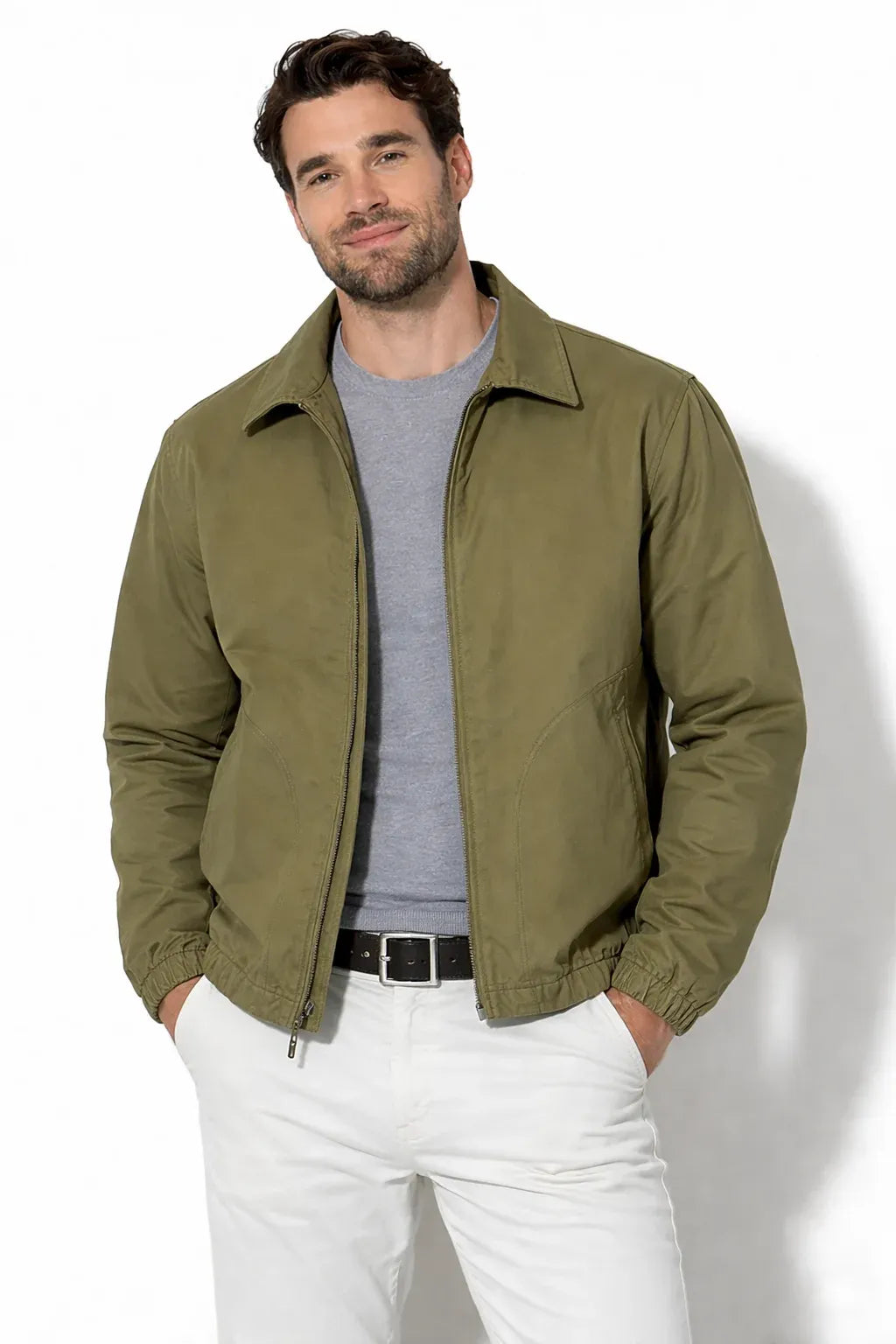 Men's Olive Cotton Twill Spring Jacket — Lightweight Casual Zip Up Jacket | Leveljacket