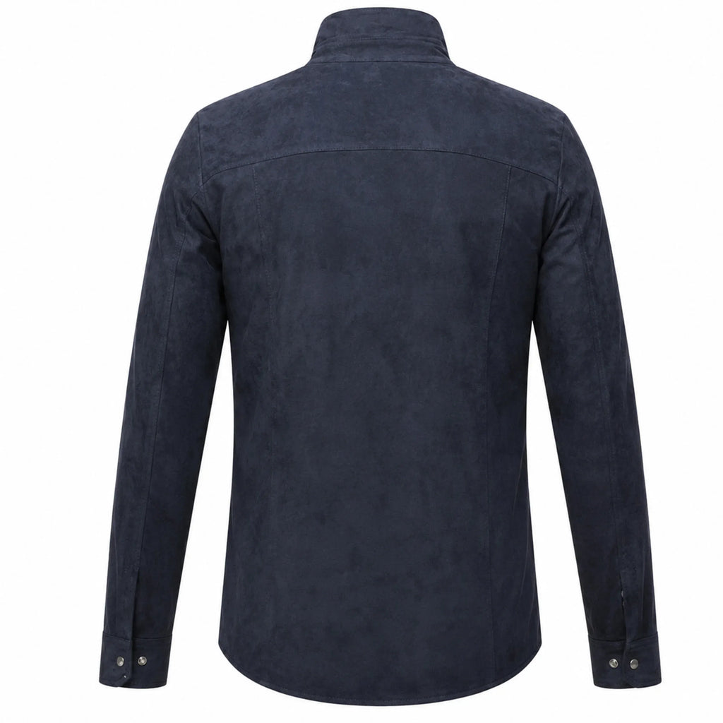 back catalog views of the Leveljacket Navy Blue suede shirt jacket, highlighting its rich velvet texture, spread collar, double pointed-flap chest pockets with metallic snap closures, snap cuffs, and a classic curved shirt-tail hemline