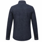 back catalog views of the Leveljacket Navy Blue suede shirt jacket, highlighting its rich velvet texture, spread collar, double pointed-flap chest pockets with metallic snap closures, snap cuffs, and a classic curved shirt-tail hemline