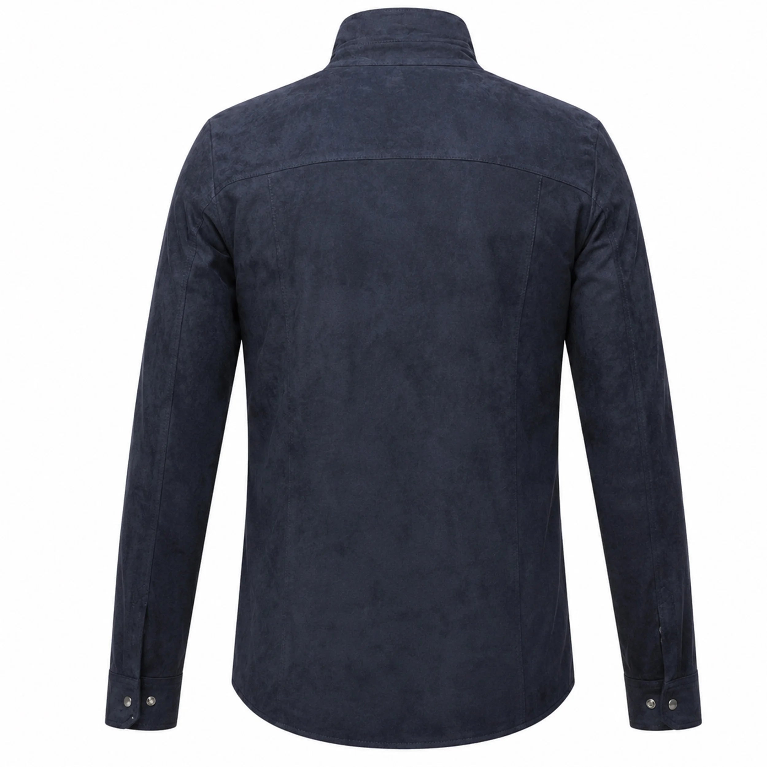 back catalog views of the Leveljacket Navy Blue suede shirt jacket, highlighting its rich velvet texture, spread collar, double pointed-flap chest pockets with metallic snap closures, snap cuffs, and a classic curved shirt-tail hemline