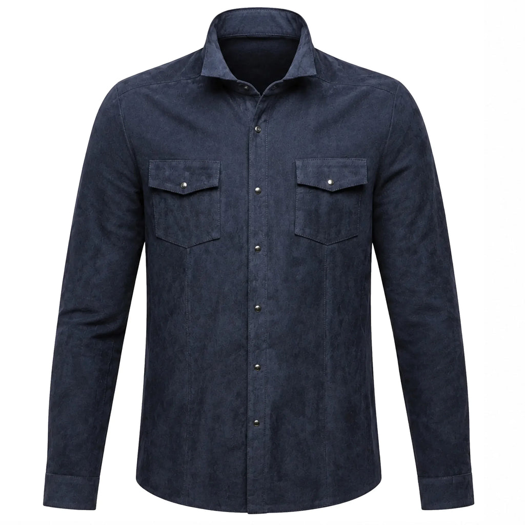 Front catalog views of the Leveljacket Navy Blue suede shirt jacket, highlighting its rich velvet texture, spread collar, double pointed-flap chest pockets with metallic snap closures, snap cuffs, and a classic curved shirt-tail hemline