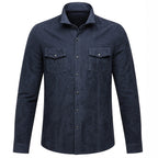 Front catalog views of the Leveljacket Navy Blue suede shirt jacket, highlighting its rich velvet texture, spread collar, double pointed-flap chest pockets with metallic snap closures, snap cuffs, and a classic curved shirt-tail hemline