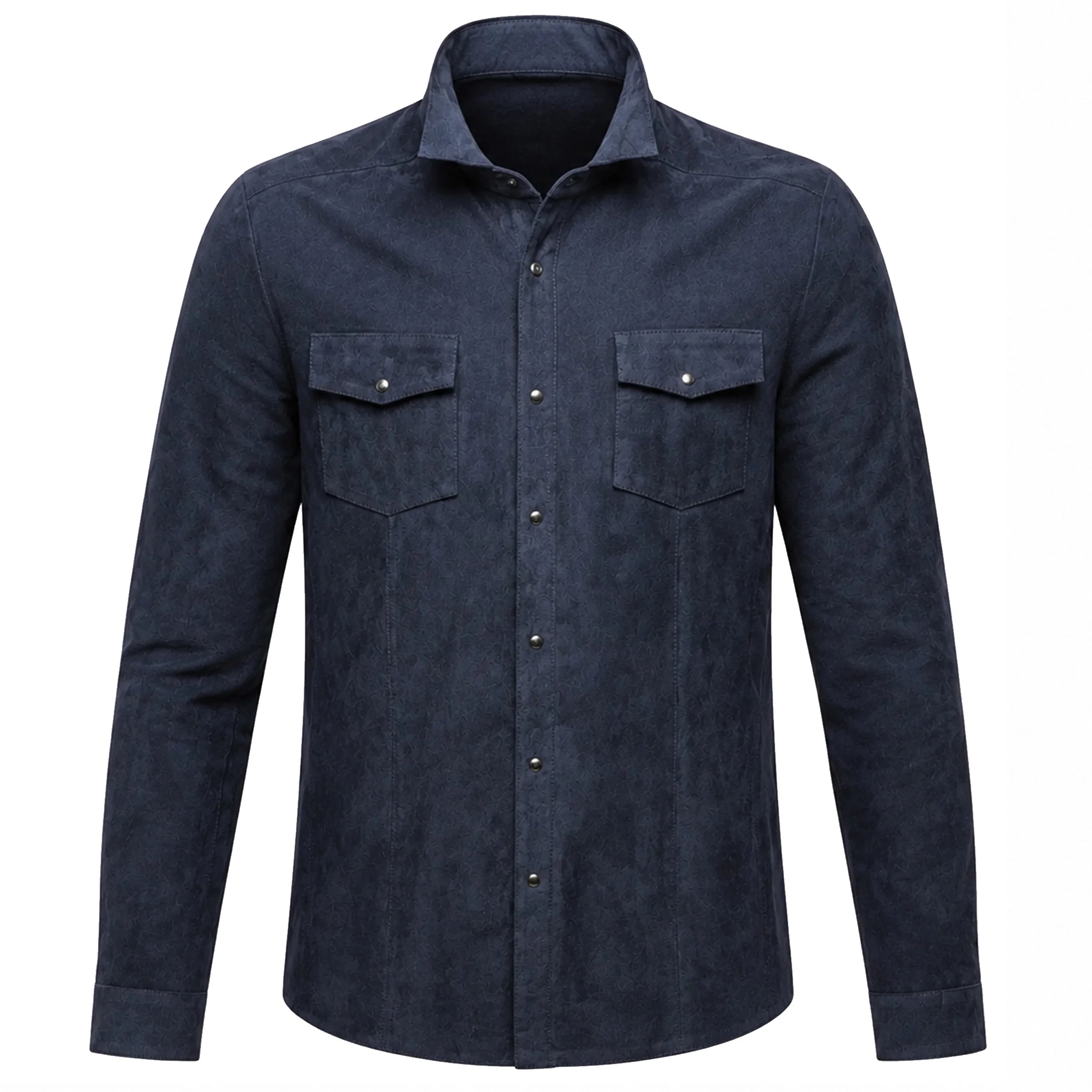 Front catalog views of the Leveljacket Navy Blue suede shirt jacket, highlighting its rich velvet texture, spread collar, double pointed-flap chest pockets with metallic snap closures, snap cuffs, and a classic curved shirt-tail hemline