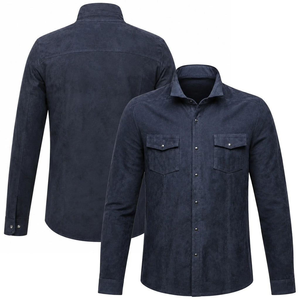 Front and back catalog views of the Leveljacket Navy Blue suede shirt jacket, highlighting its rich velvet texture, spread collar, double pointed-flap chest pockets with metallic snap closures, snap cuffs, and a classic curved shirt-tail hemline