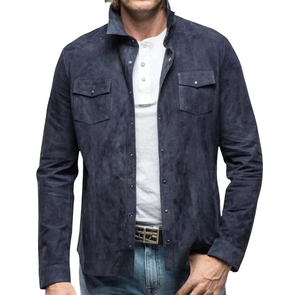Front model catalog views of the Leveljacket Navy Blue suede shirt jacket, highlighting its rich velvet texture, spread collar, double pointed-flap chest pockets with metallic snap closures, snap cuffs, and a classic curved shirt-tail hemline
