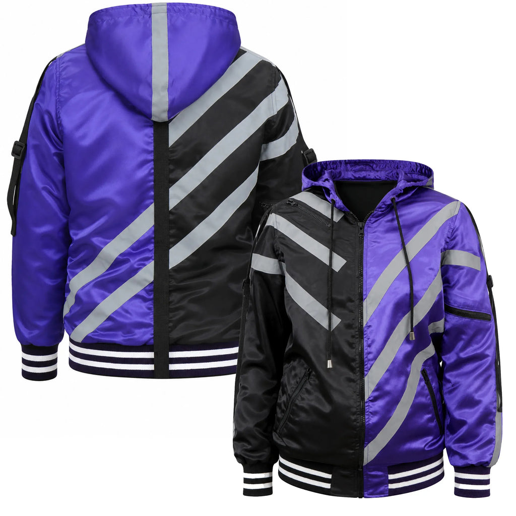 Purple and black jacket with reflective stripes on a white background