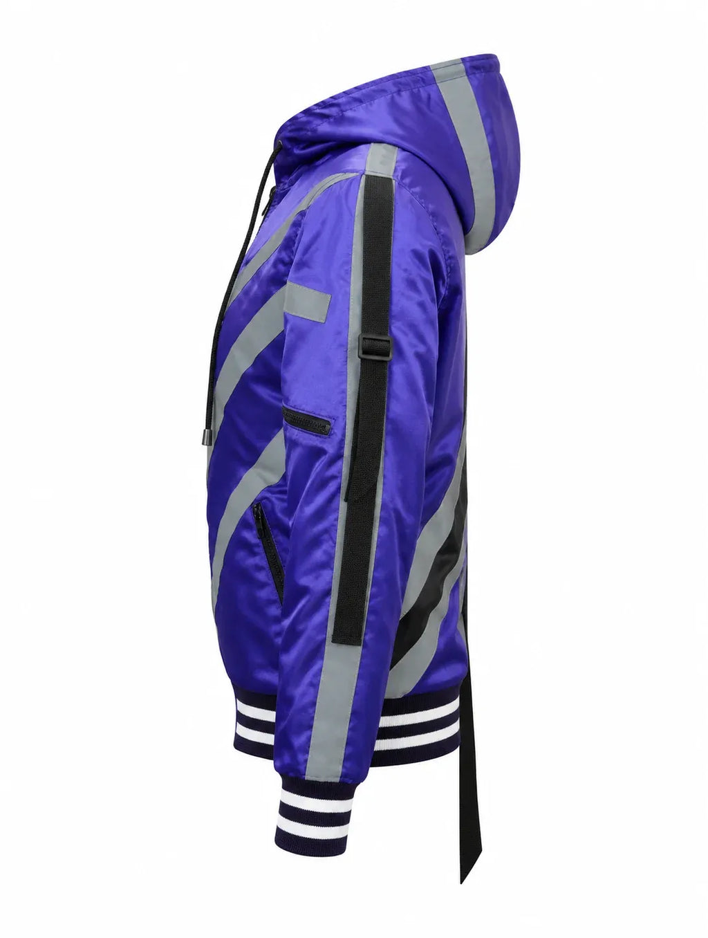 Purple jacket with reflective stripes on a white background