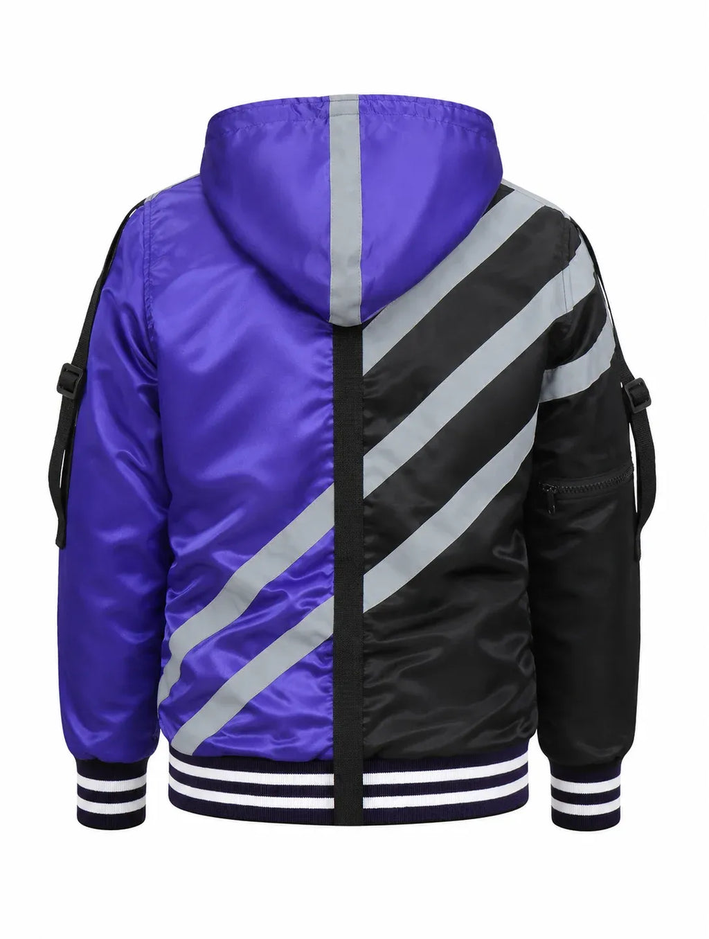 Purple and black jacket with reflective stripes on a white background