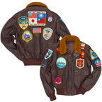 Front and back view of the Leveljacket Top Gun G-1 leather flight jacket in dark brown, showing a plush brown fur collar, front utility button pockets, and a comprehensive collection of 17 embroidered military and squadron patches across the chest and back panel.