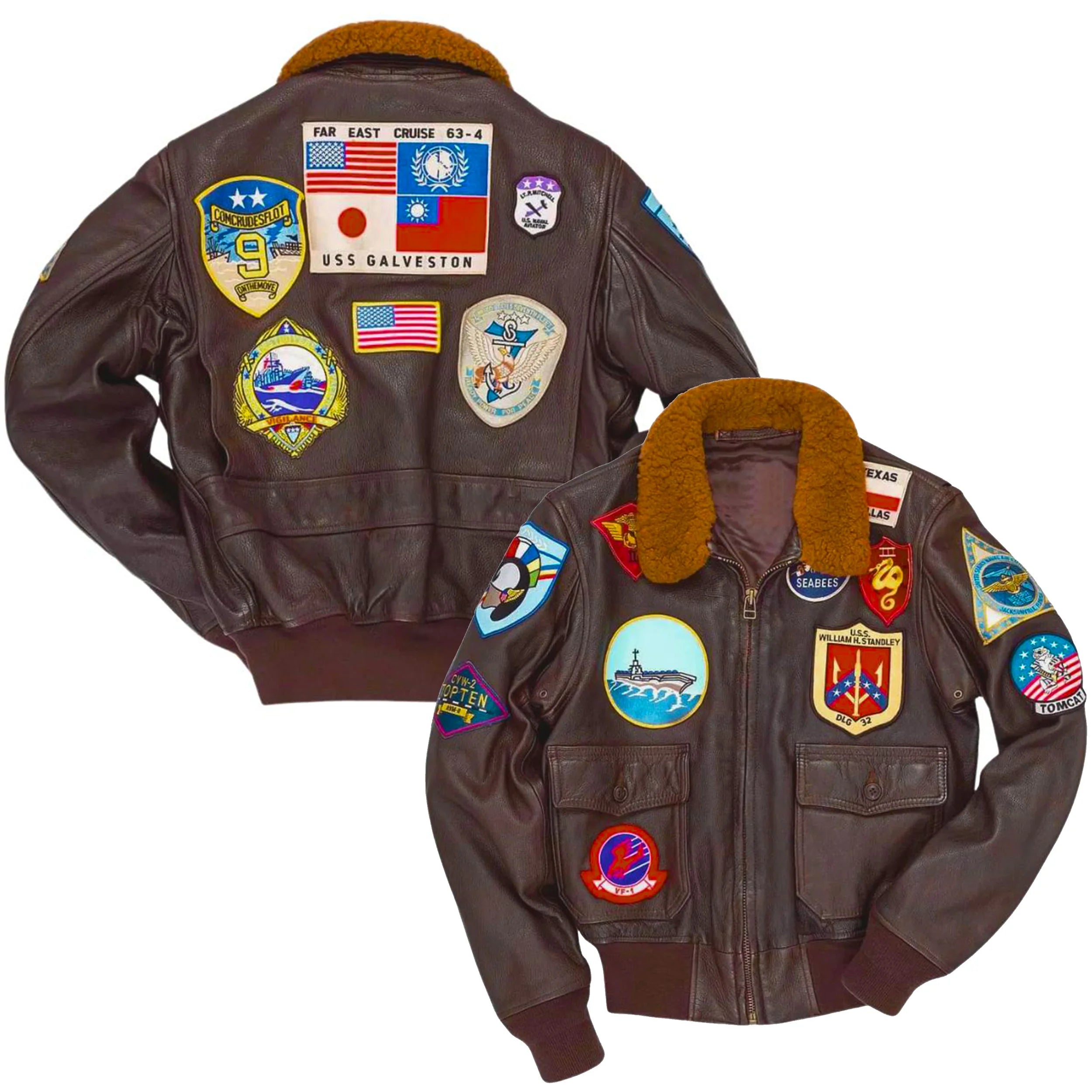 Front and back view of the Leveljacket Top Gun G-1 leather flight jacket in dark brown, showing a plush brown fur collar, front utility button pockets, and a comprehensive collection of 17 embroidered military and squadron patches across the chest and back panel.