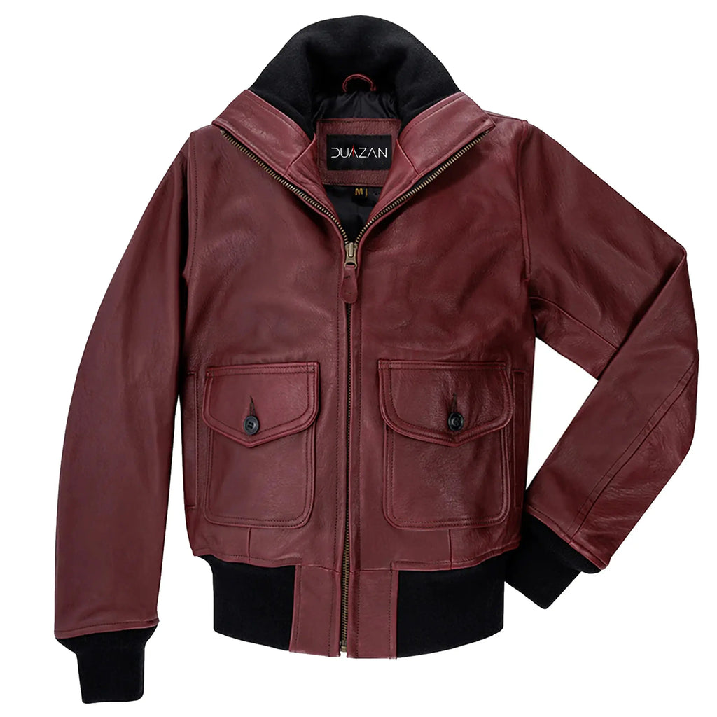 DUAZAN Handmade Women’s Sheepskin Leather Flight Jacket – Burgundy Duazan