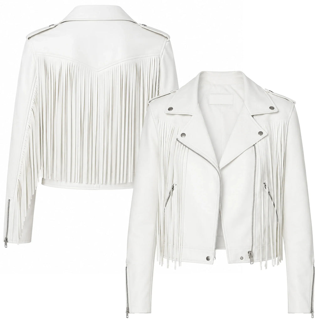 White fringe jacket shown from front and back on a white background