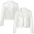 Women's White Fringe Leather Biker Jacket
