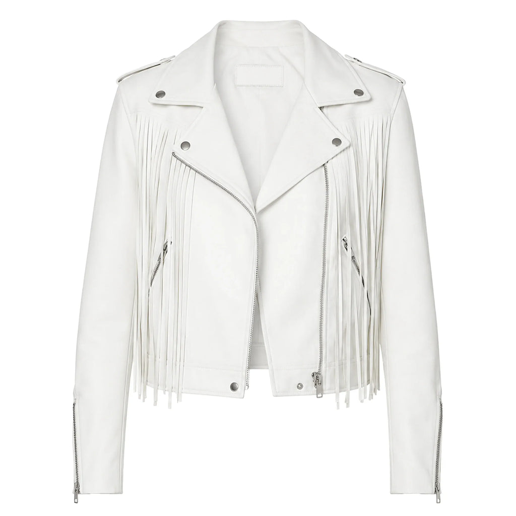 White leather jacket with fringe details on a white background
