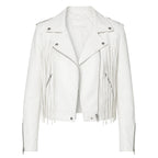 Women's White Fringe Leather Biker Jacket