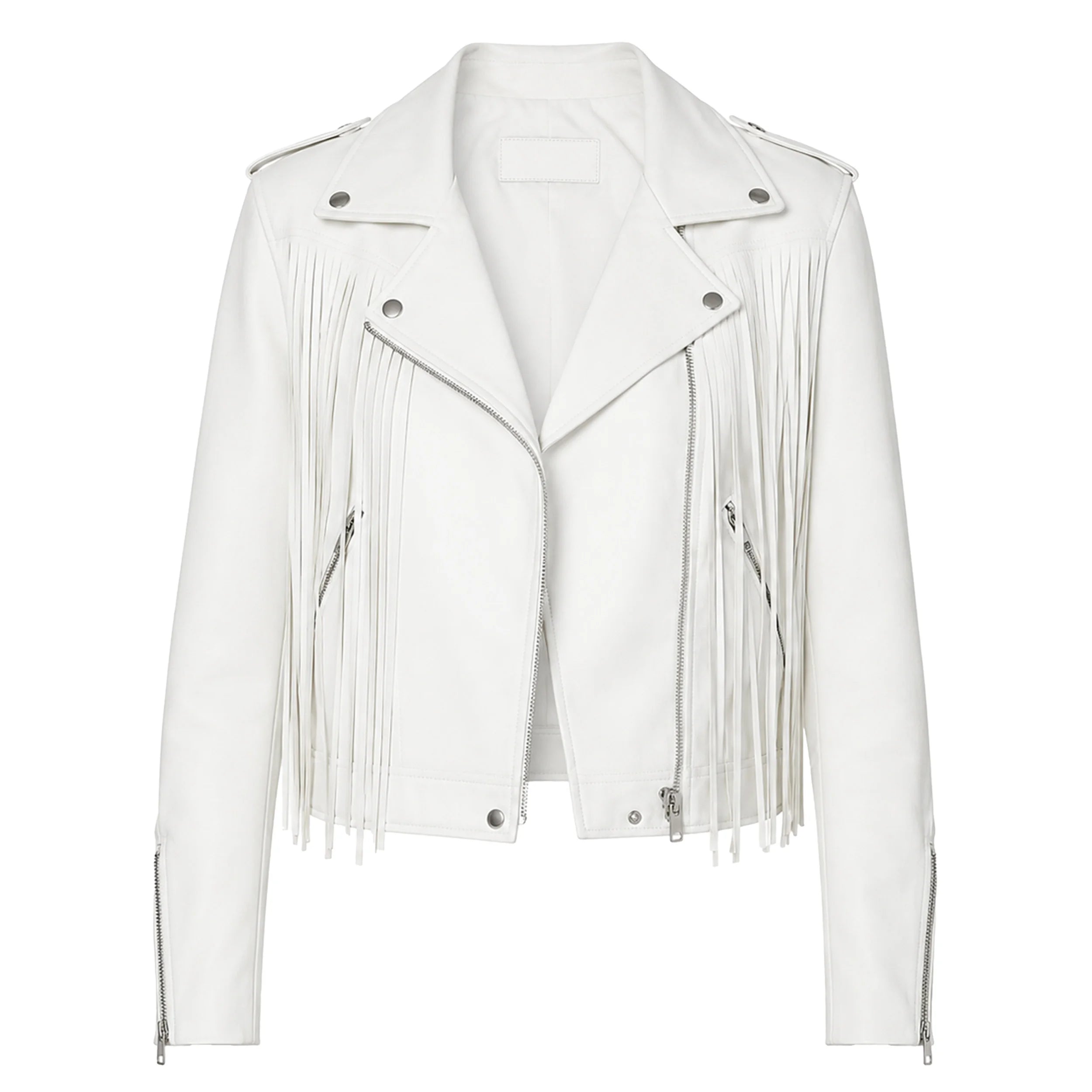 Women's White Fringe Leather Biker Jacket
