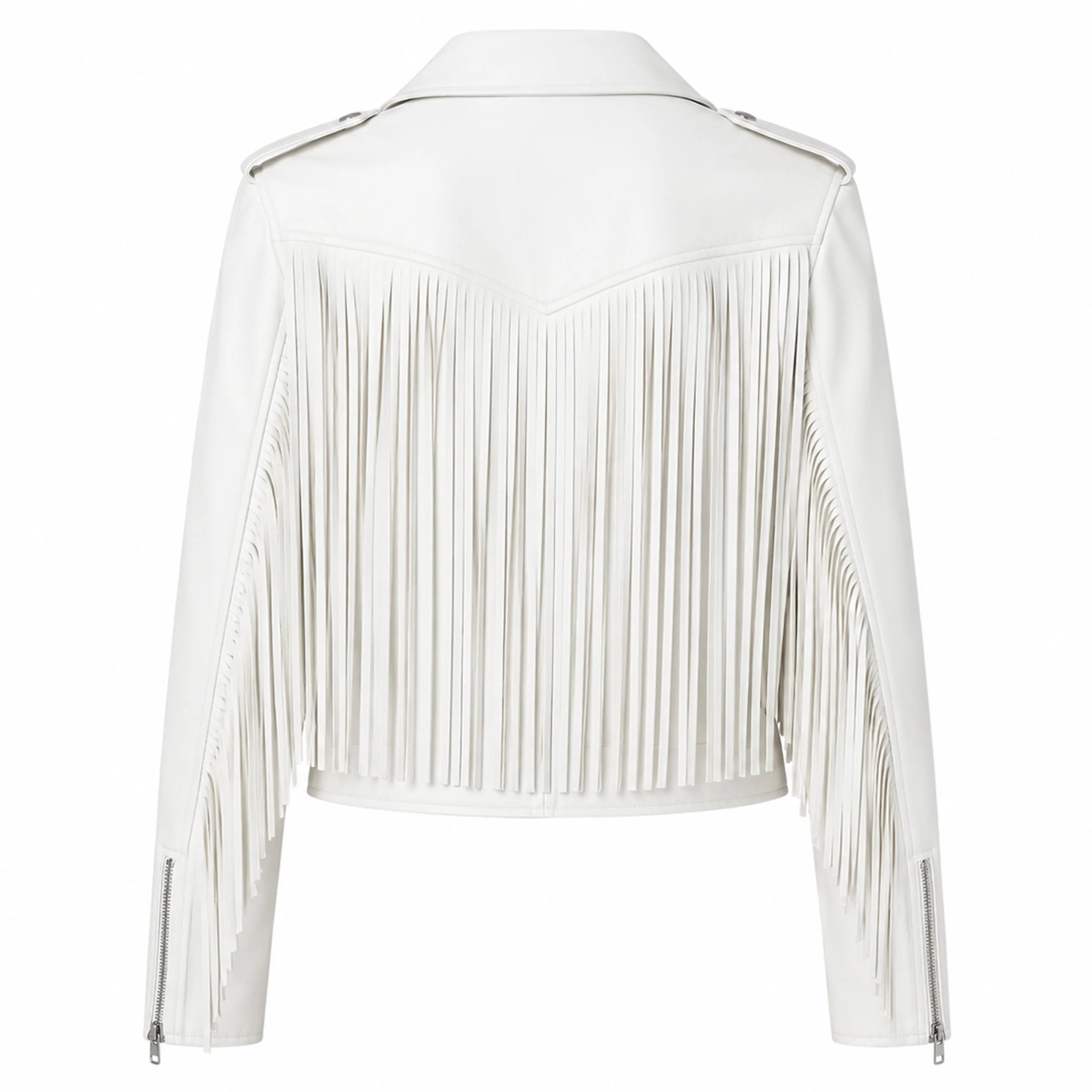 Women's White Fringe Leather Biker Jacket
