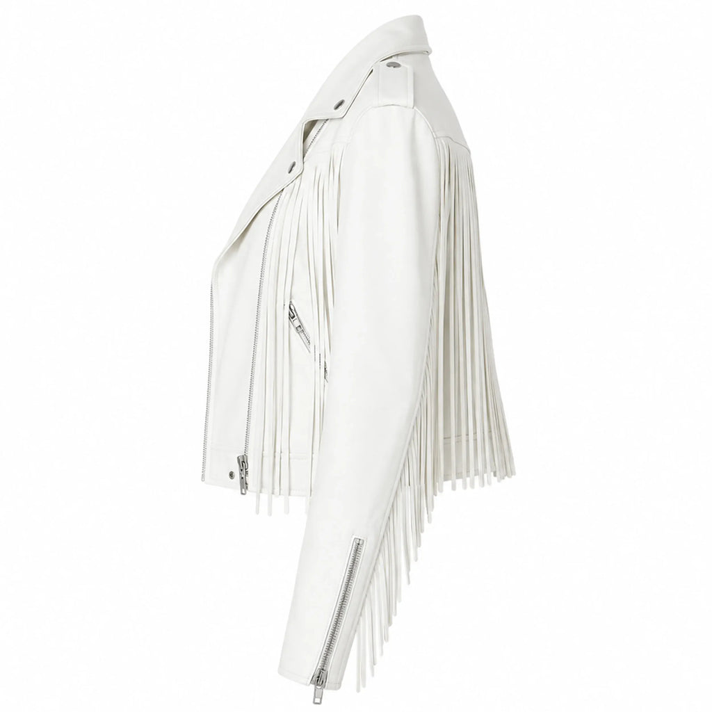 White leather jacket with fringe details on a white background