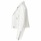 Women's White Fringe Leather Biker Jacket