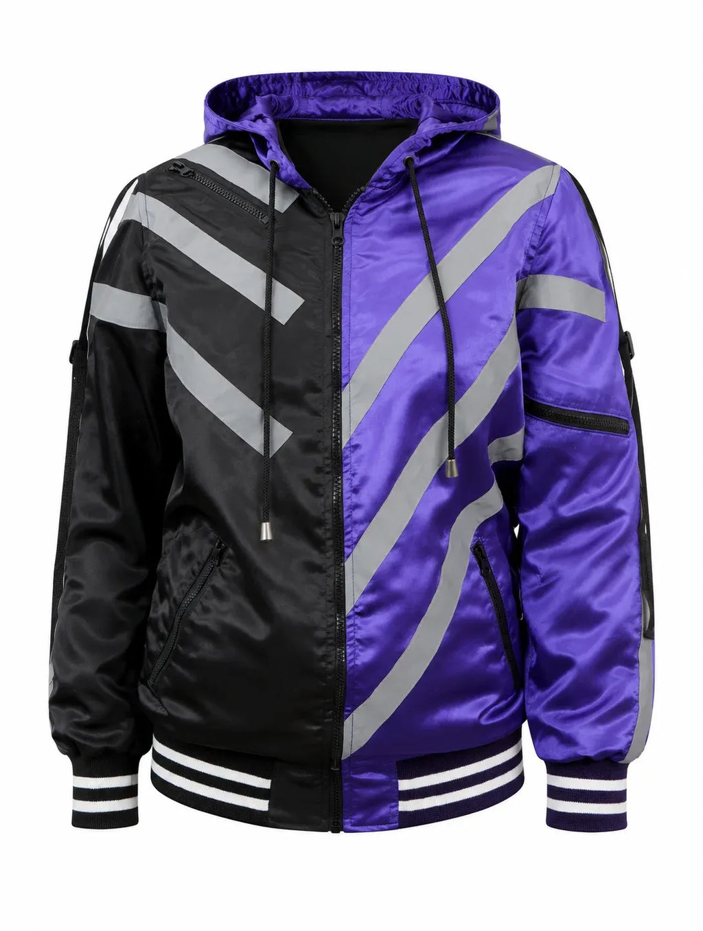 Black and purple jacket with reflective stripes on a white background