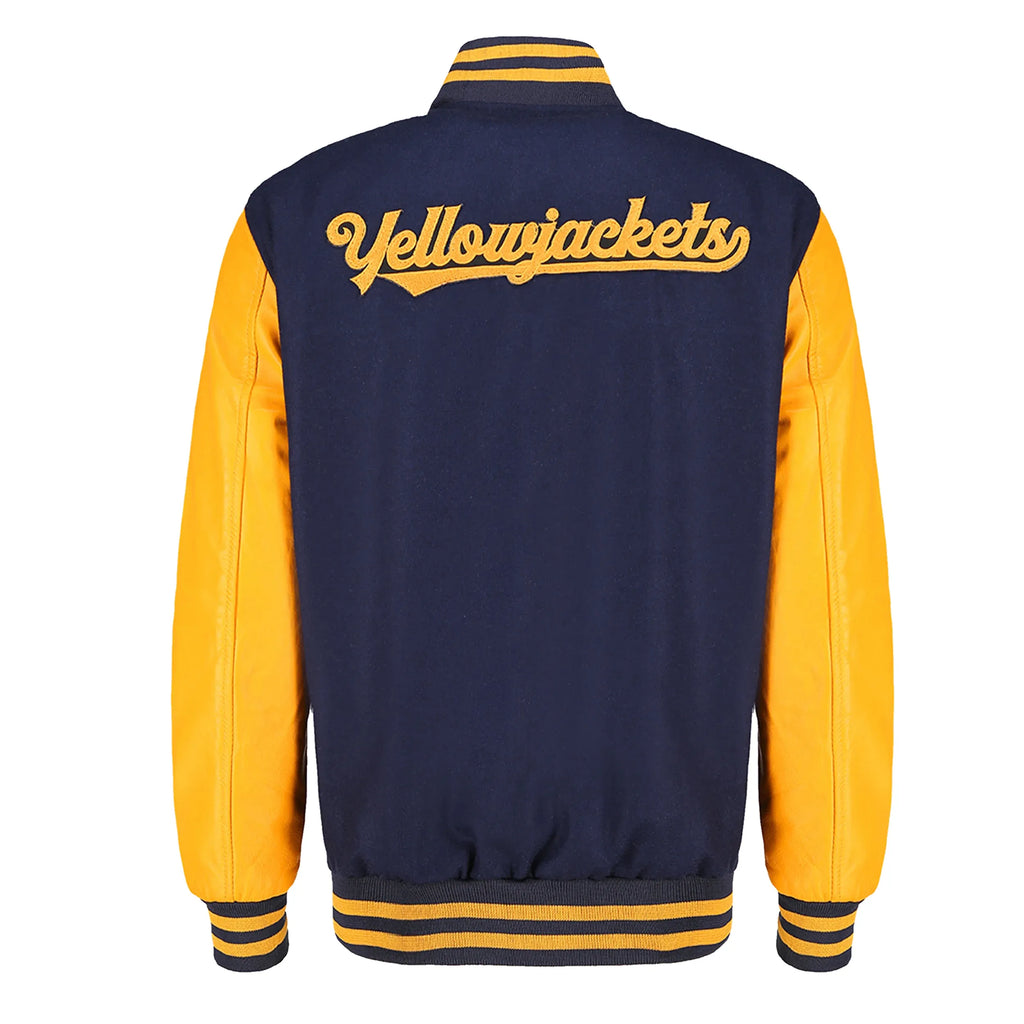 Navy and yellow varsity jacket with 'Yellowjackets' text on the back against a white background