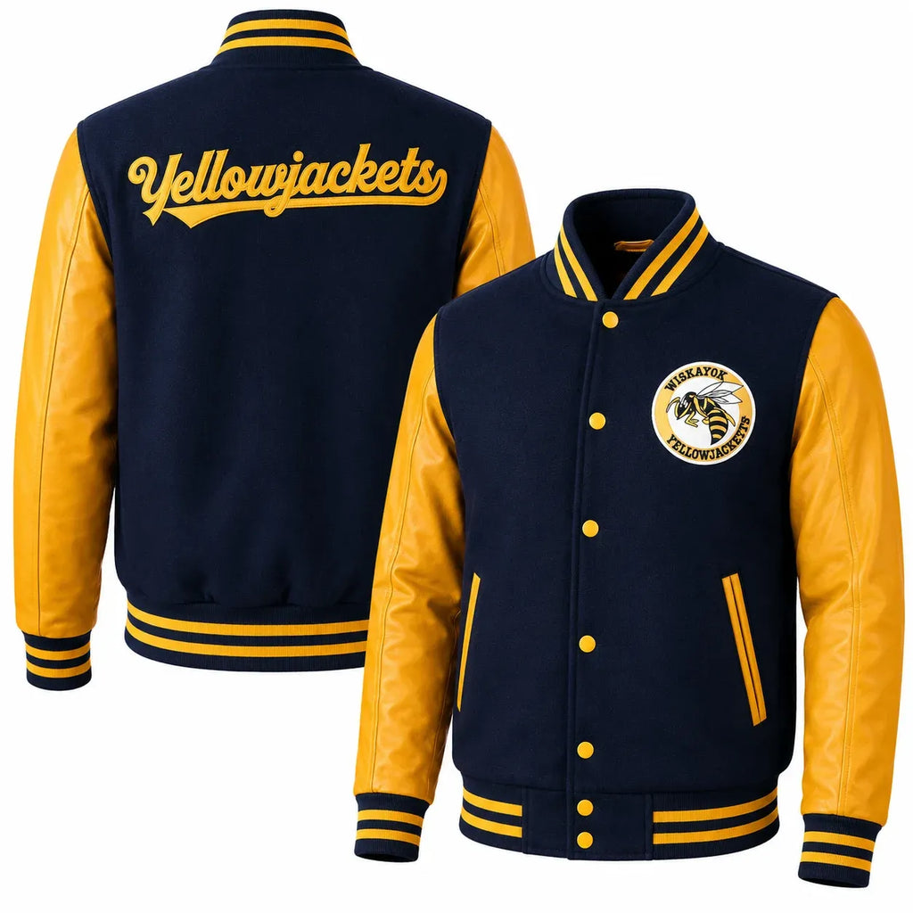 Navy and yellow letterman jacket with 'Yellowjackets' text on the back