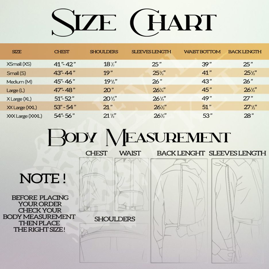Size chart for Level Jackets